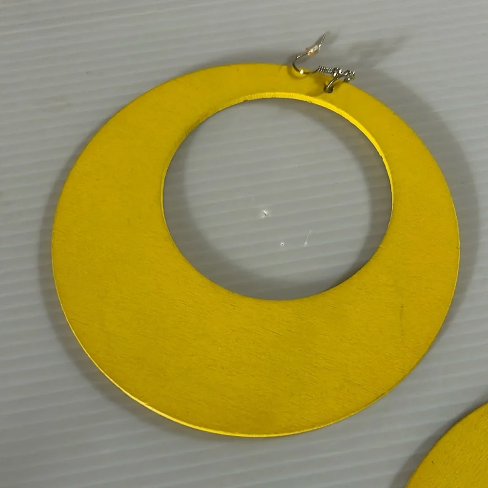 HUGE Retro Style Yellow Wood Hoop Earrings